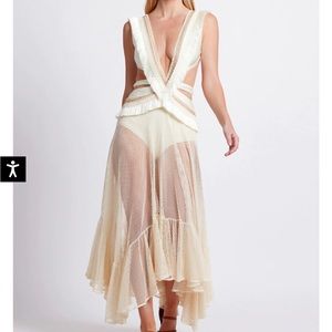 Fringe and Mesh Cutout Maxi Dress in Wheat
